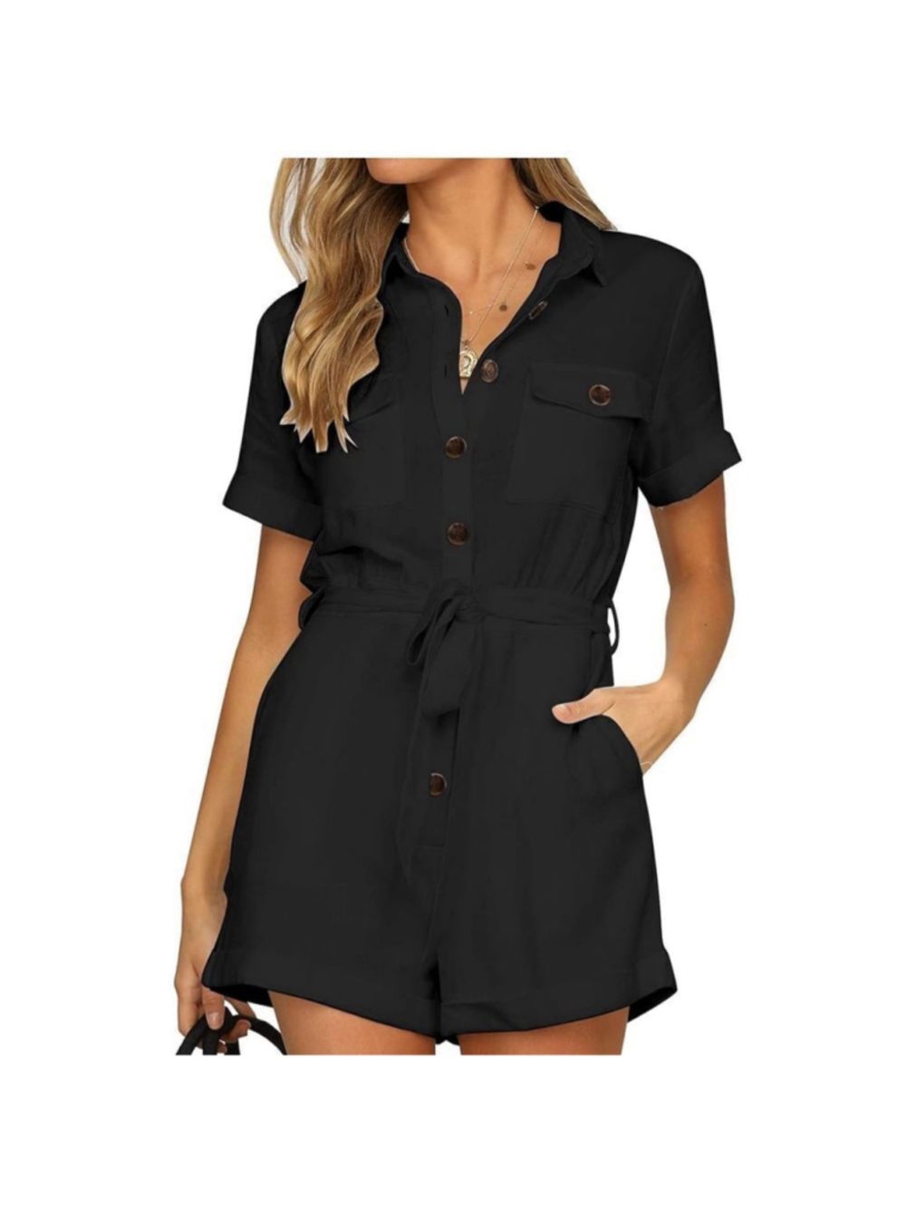 NEW Cotton Romper Button Short Sleeve Pockets S NO BELT